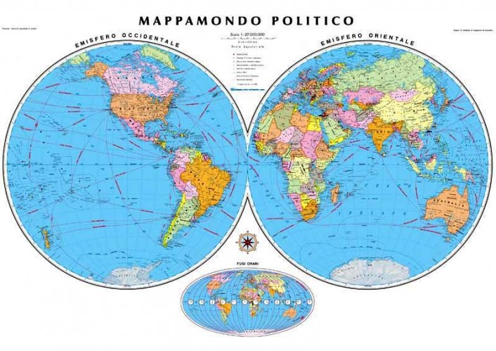 Mappamondo politico a due emisferi con aste di legno