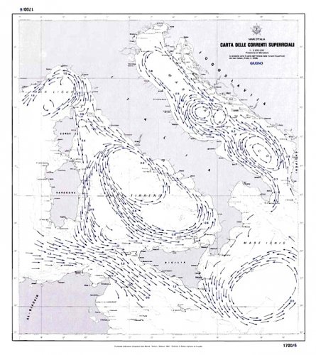 Carta delle correnti superficiali dei mari d'Italia - giugno