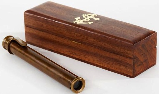 Cannocchiale da tasca in ottone con scatola di legno