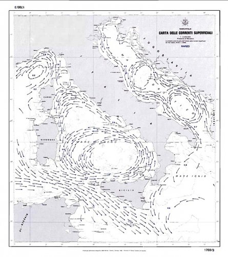 Carta delle correnti superficiali dei mari d'Italia - marzo