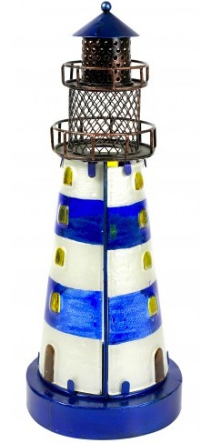 Faro portacandela in vetro blu e bianco