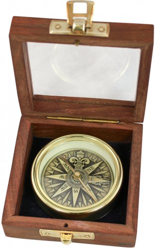 Bussola con rosa in scatola di legno