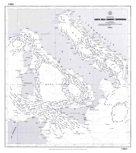 Carta delle correnti superficiali dei mari d'Italia - aprile