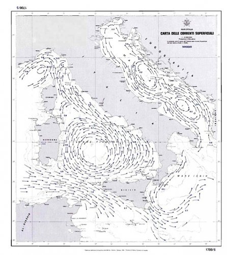 Carta delle correnti superficiali dei mari d'Italia - maggio