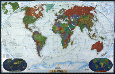 Mondo a colori - politico murale plastificato con aste metalliche