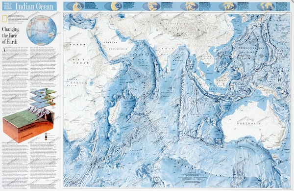 Indian Ocean - carta del fondo oceanico e geografica plastificata
